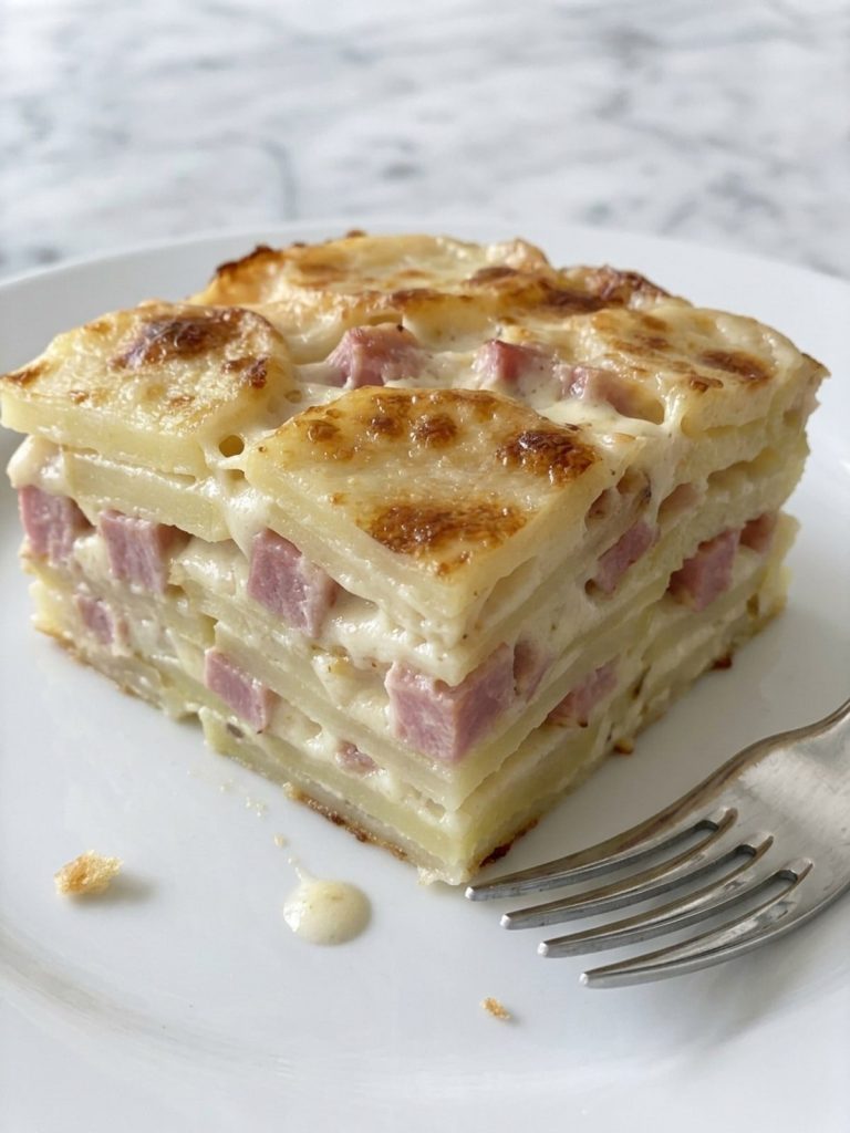 Close view of a square of scalloped potatoes with ham on a white plate showing thin potato layers and ham