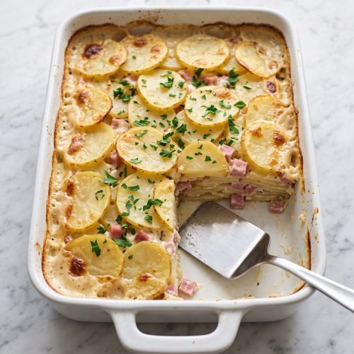 Scalloped potatoes with ham in a 9x13 baking dish with a square served out, showing creamy layers
