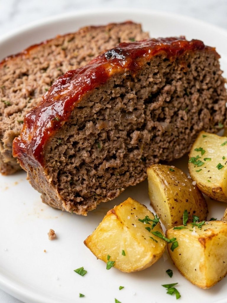 Close view of two slices of glazed meatloaf with roasted potatoes on a white plate