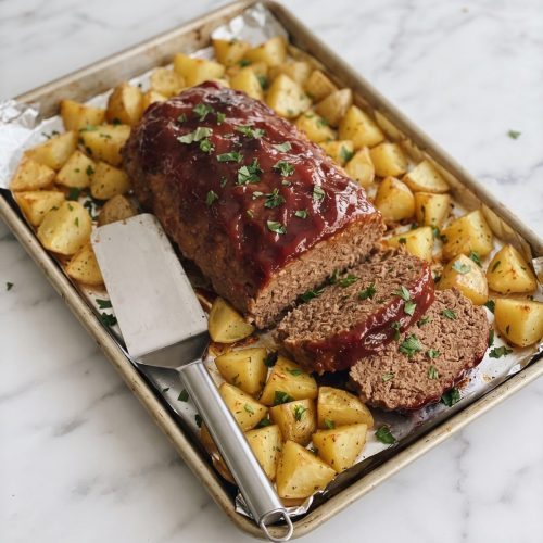 A glazed beef meatloaf with two slices cut, surrounded by golden roasted potatoes on a foil-lined sheet pan