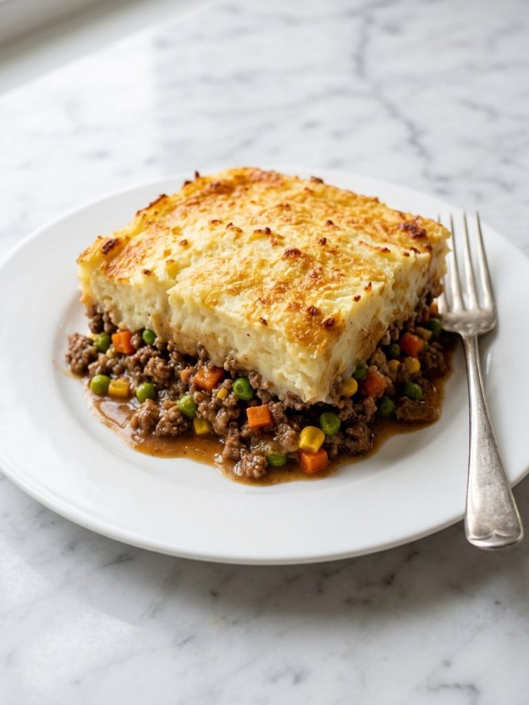 A white plate with a square serving of shepherd's pie casserole showing golden mashed potatoes over beef, peas, carrots and corn in gravy
