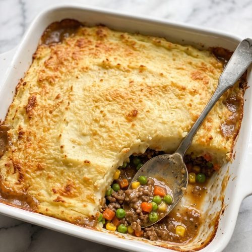 A baked shepherd's pie casserole in a white baking dish with one corner scooped out to show the beef and vegetable filling