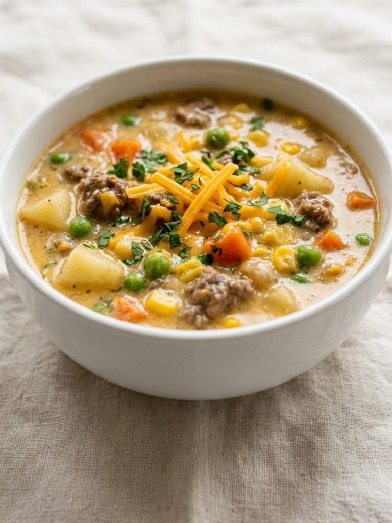 Close-up of a bowl of cheesy shepherd's pie soup with beef, potatoes and vegetables