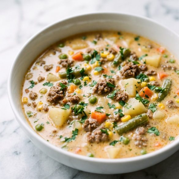 A bowl of creamy shepherd's pie soup with ground beef, potatoes, mixed vegetables and melted cheddar