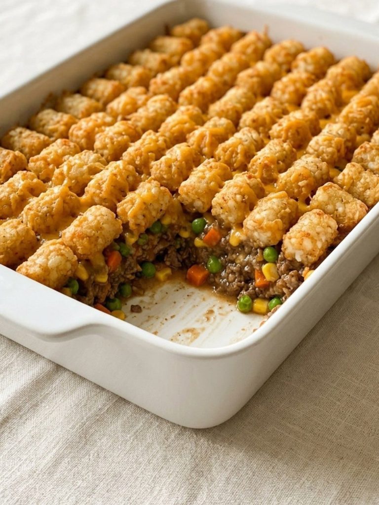 A 9x13 dish of shepherd's pie topped with golden tater tots and cheddar, one portion served out