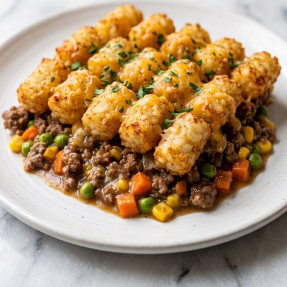 A serving of shepherd's pie tater tot casserole with beef gravy, vegetables and golden tater tots on a plate
