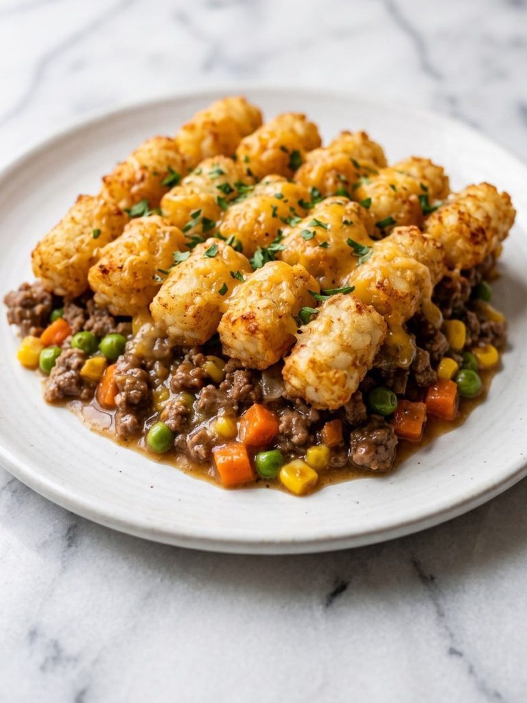 A serving of shepherd's pie tater tot casserole with beef gravy, vegetables and golden tater tots on a plate