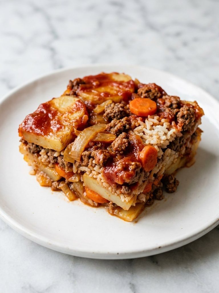 A plate with a serving of shipwreck casserole showing layers of potatoes, carrots, beef and rice