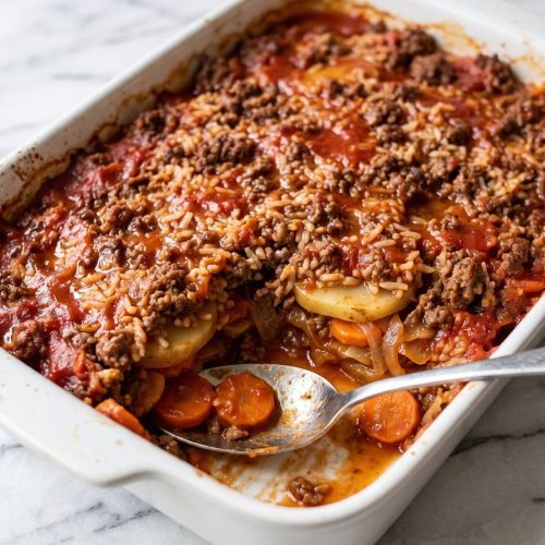A 9x13 dish of baked shipwreck casserole with ground beef, rice, potatoes and carrots in tomato sauce