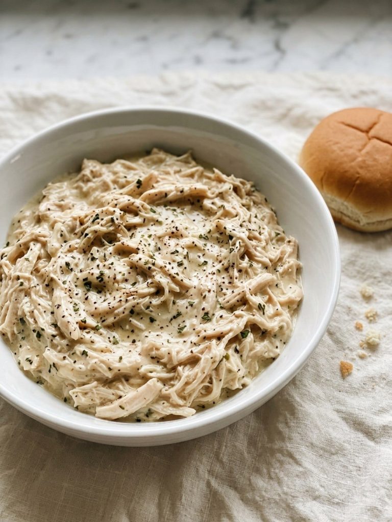 A bowl of thick creamy shredded chicken filling with parsley