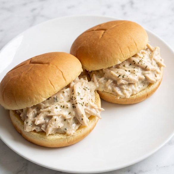 A creamy shredded chicken sandwich on a soft bun on a plate