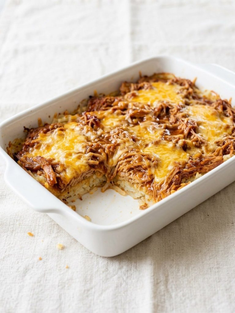 Barbecue pulled pork and hash brown casserole with melted cheese in a 9x13 dish