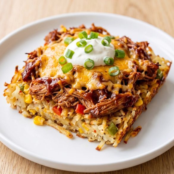 A serving of shredded pork casserole with hash browns, melted cheese, green onion and sour cream
