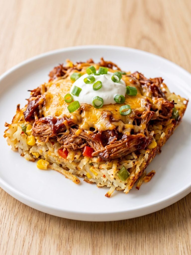 A serving of shredded pork casserole with hash browns, melted cheese, green onion and sour cream