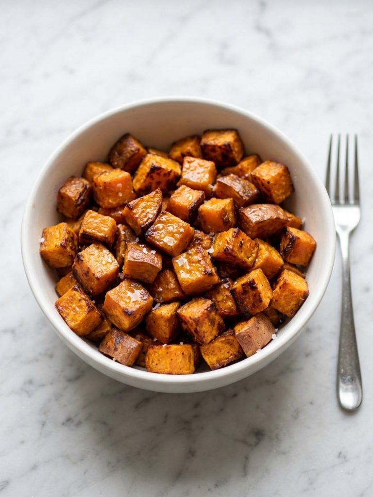 A white bowl filled with crisp-edged skillet sweet potato cubes glossy with butter