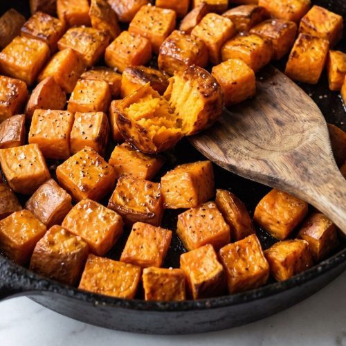 Golden-brown sweet potato cubes with crisp edges in a black cast iron skillet