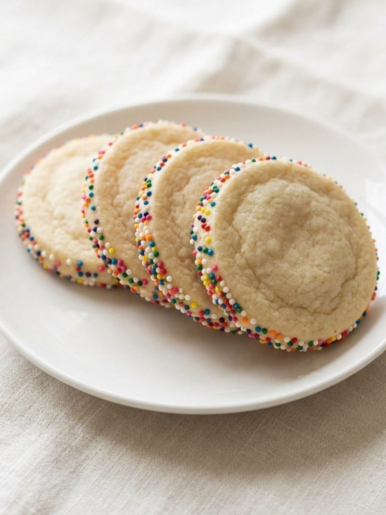Close-up of slice and bake sugar cookies with sprinkle edges