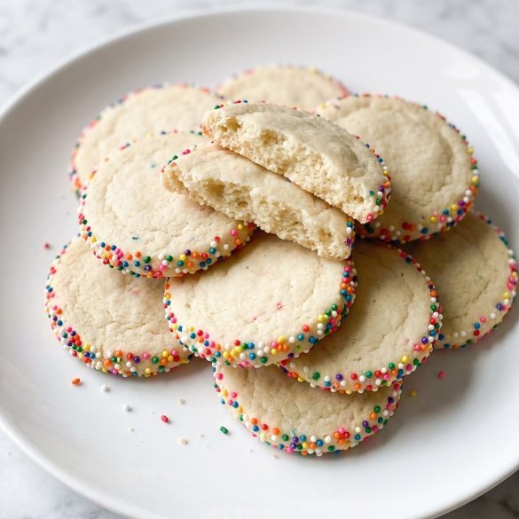 Round pale sugar cookies with a rainbow sprinkle edge on a plate