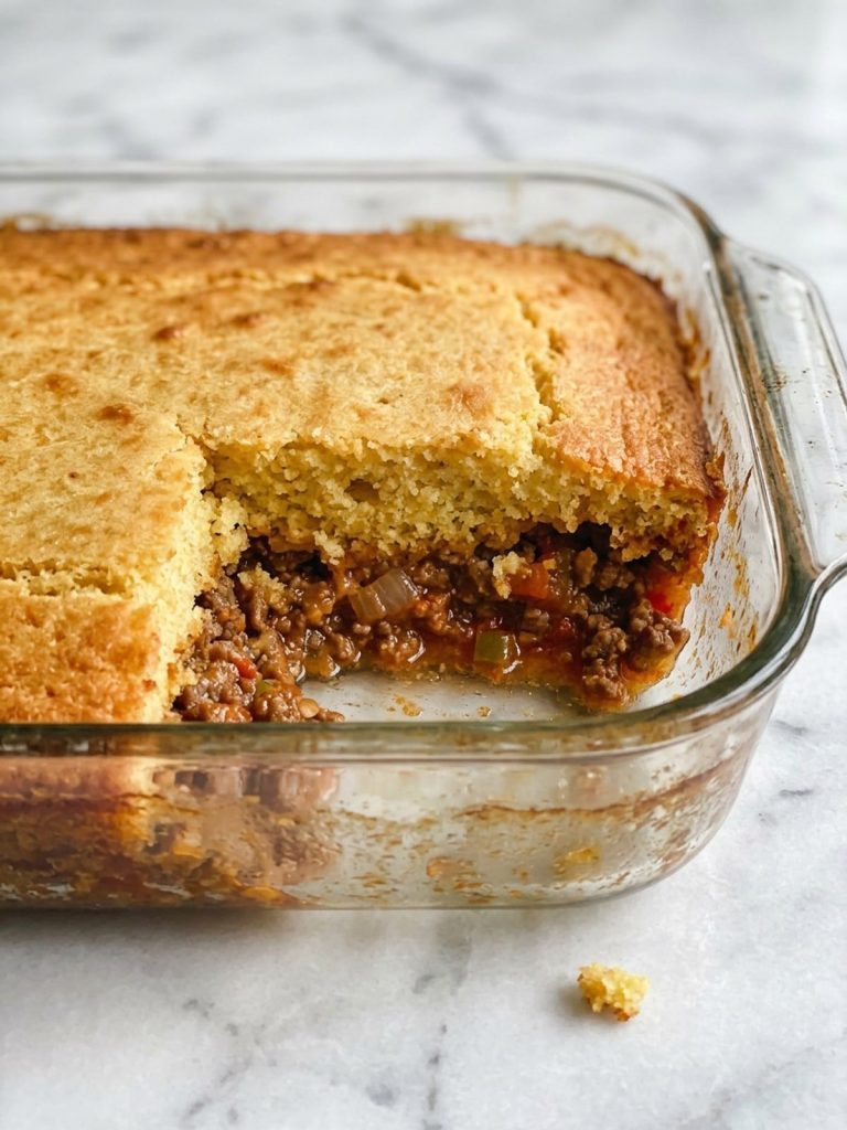 Close view of cooked cornbread center above saucy sloppy joe beef