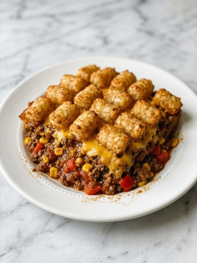 Close view of a serving of sloppy joe tater tot casserole showing the beef layer and crispy tots