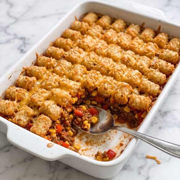 Sloppy joe tater tot casserole with crispy golden tots and melted cheddar in a white baking dish