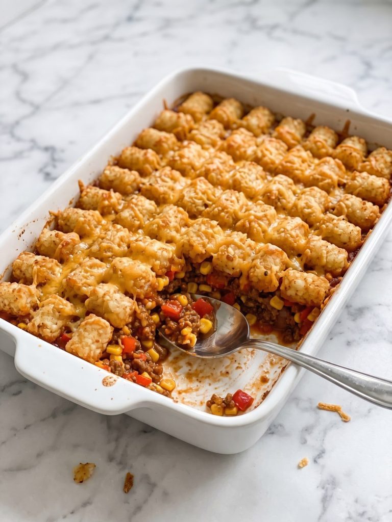 Sloppy joe tater tot casserole with crispy golden tots and melted cheddar in a white baking dish