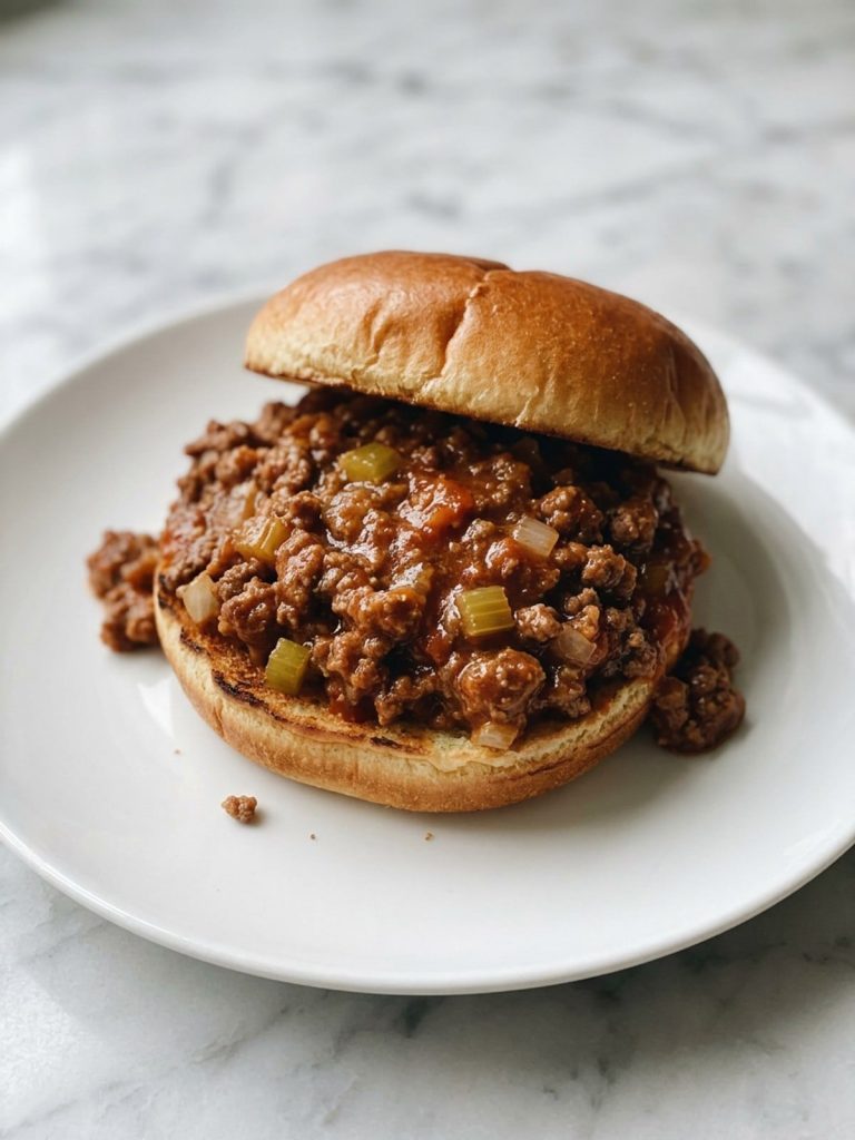 Close side view of thick ground-beef sloppy joe filling coating the beef inside a hamburger bun