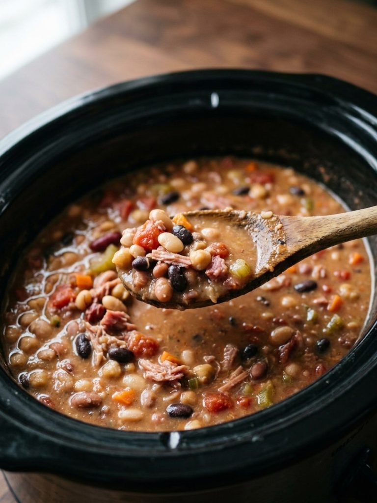 Close view of tender mixed beans, shredded ham and diced tomatoes in thick broth.