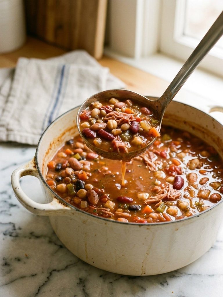 Close side view of a ladle lifting 15 bean soup with soft beans, shredded ham and diced tomato from the pot