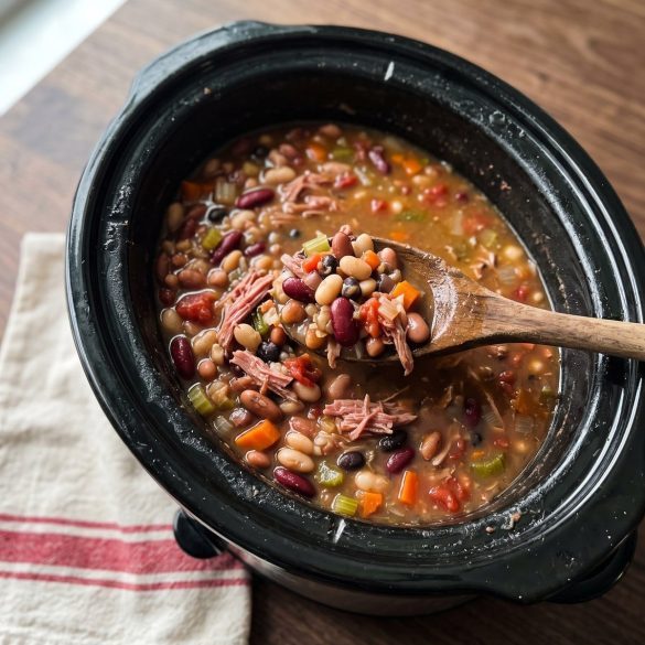 Finished 15 bean soup with ham, tomatoes and vegetables, with a spoon lifting the thick soup from the slow cooker.
