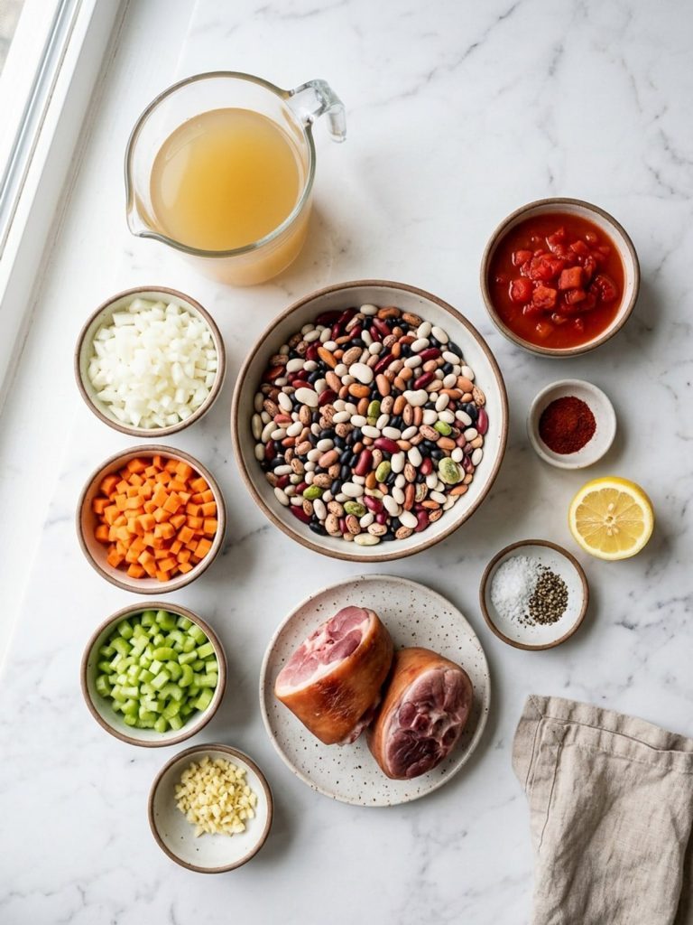 Overhead flat lay of 15 bean soup ingredients: dried mixed beans, two smoked ham hocks, chicken broth, onion, carrots, celery, garlic, chili powder, diced tomatoes and a lemon