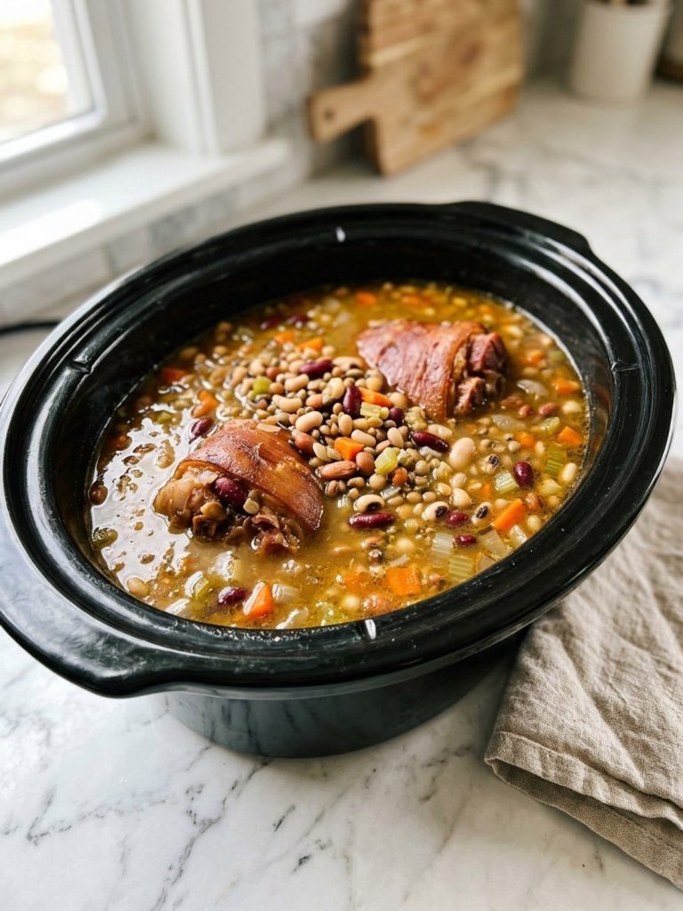 Slow cooker insert with lid off, 15 bean soup mid-cook, two ham hocks tucked into the beans and broth