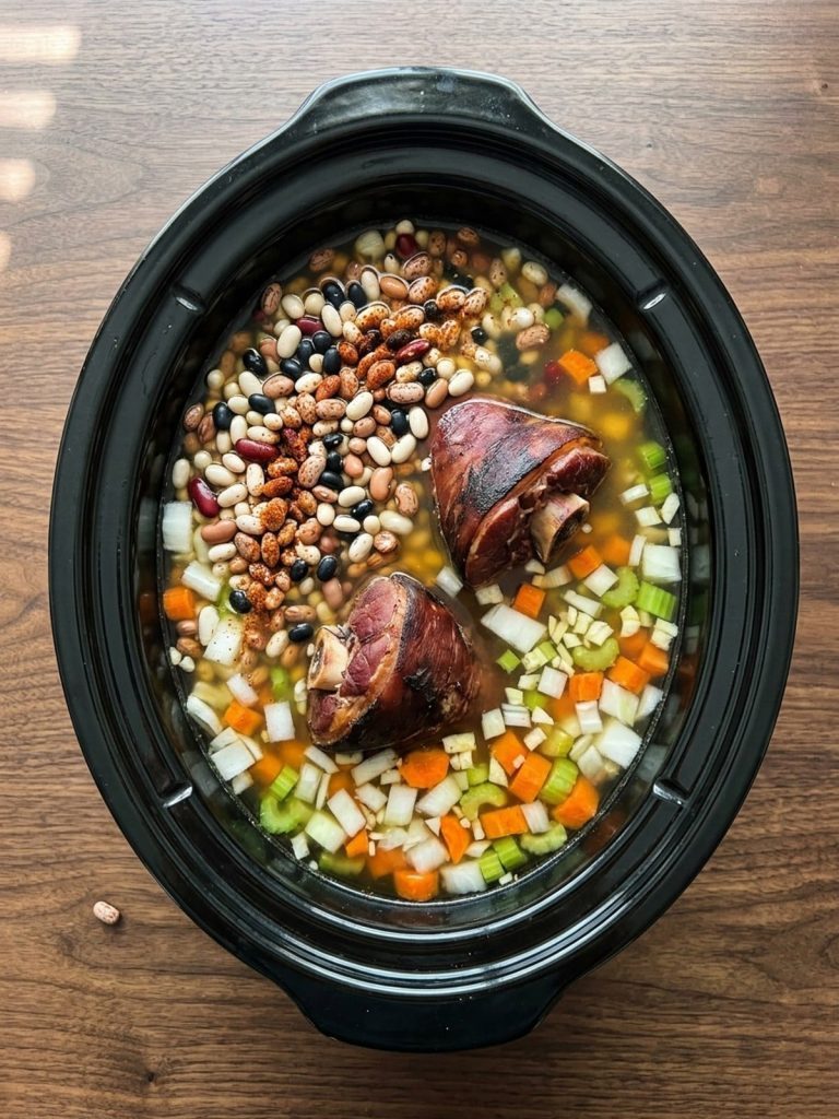 Step 2: Rinsed mixed beans, vegetables and smoked ham hocks sit in broth in the slow cooker before cooking.