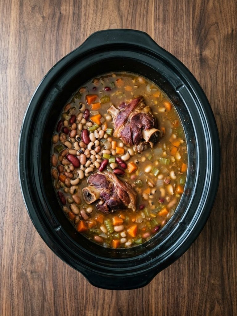 Step 3: Tender, swollen beans and softened vegetables surround the ham hocks after cooking; no tomatoes have been added yet.