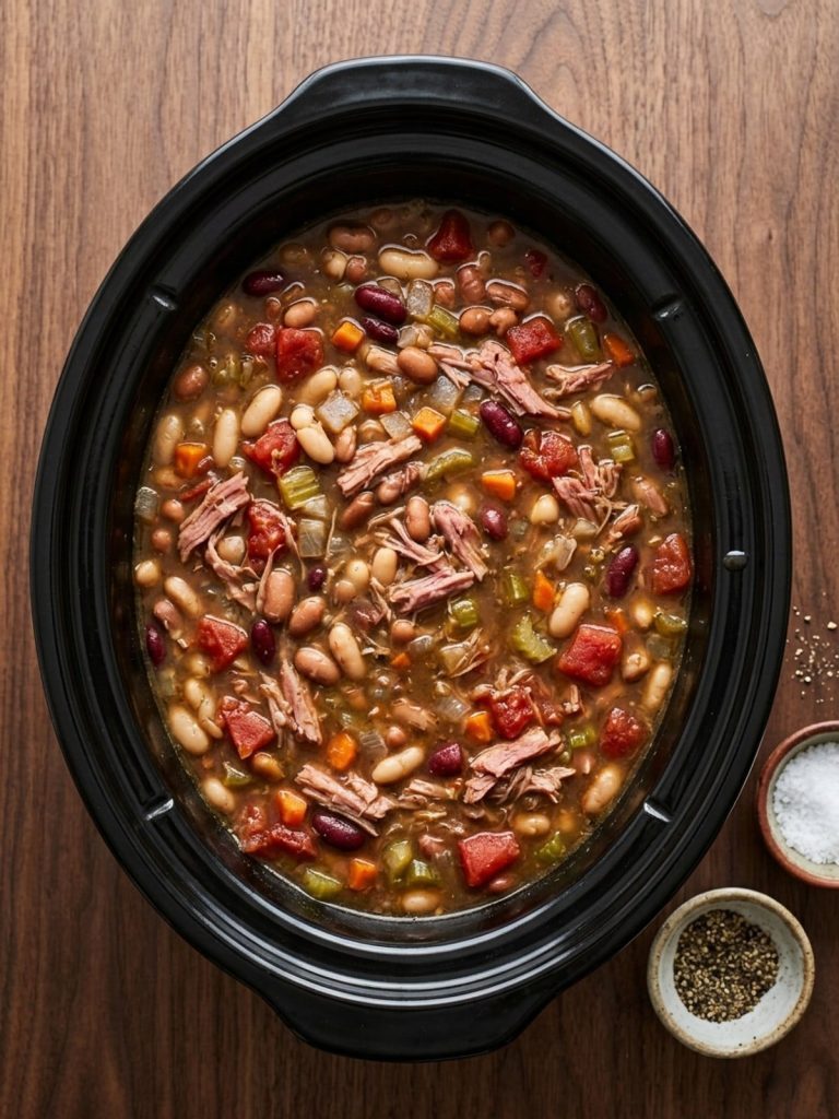 Step 5: Diced tomatoes and shredded ham are mixed through the tender beans after the final 30 minutes of cooking.