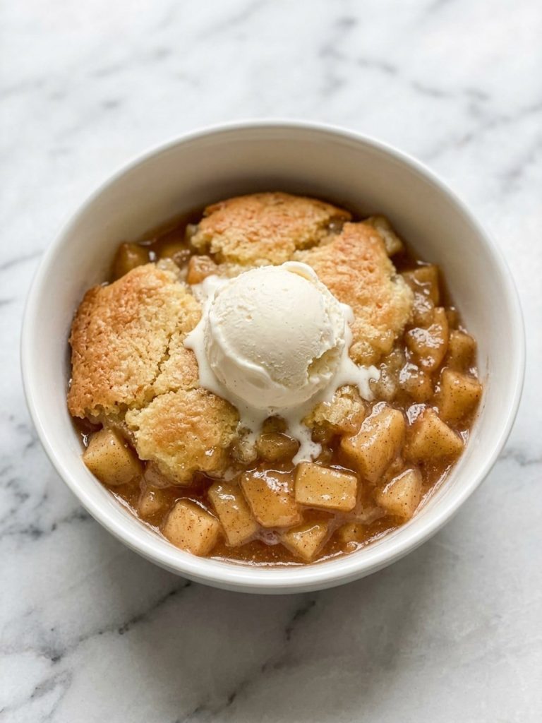 A bowl of warm apple cobbler with a scoop of vanilla ice cream