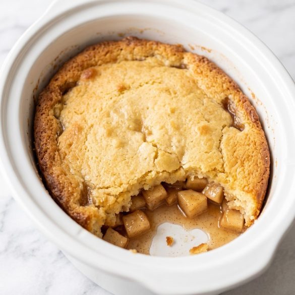 Apple cobbler with a golden cake-like topping in a slow cooker crock