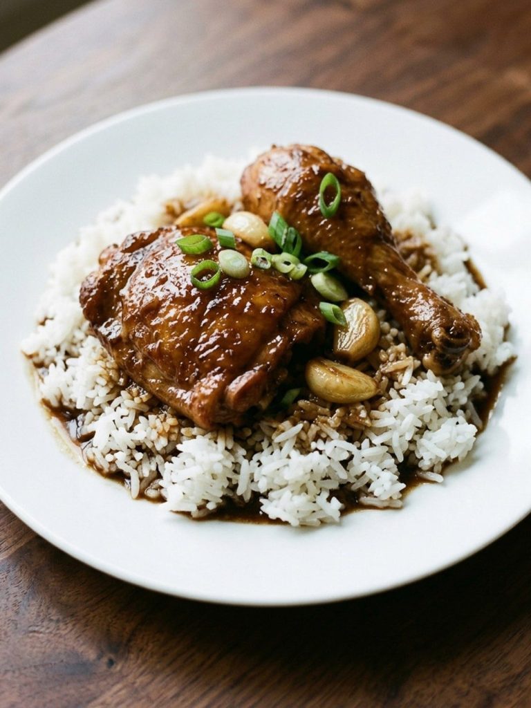A plate of chicken adobo with a thigh and drumstick over white rice with sauce and green onion