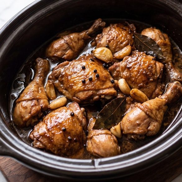 Bone-in chicken thighs and drumsticks braised in a dark soy and vinegar adobo sauce with garlic and bay leaves in a slow cooker