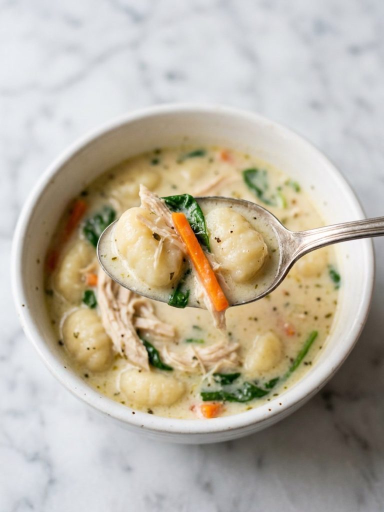 Close view of a spoonful of creamy soup with gnocchi, shredded chicken and spinach
