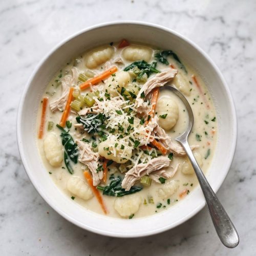 A bowl of creamy chicken gnocchi soup with carrots, spinach and Parmesan