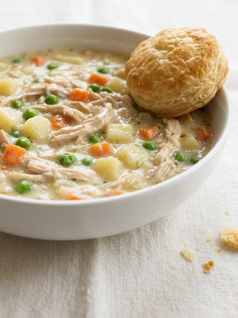 Close-up of creamy chicken pot pie soup with peas, carrots and potato