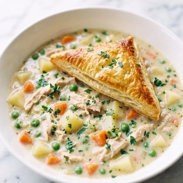 A bowl of creamy chicken pot pie soup topped with a golden puff pastry triangle