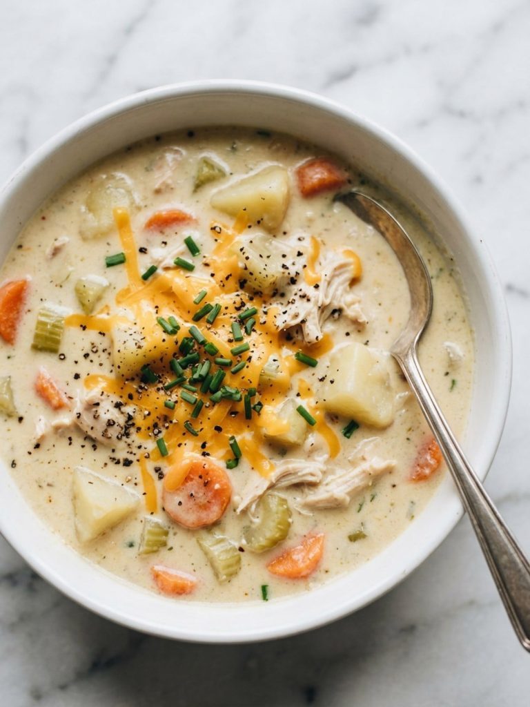 Close view of a white bowl of creamy chicken potato soup topped with shredded cheddar and chives