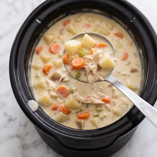 Creamy chicken potato soup in a black slow cooker with a ladle lifting a scoop