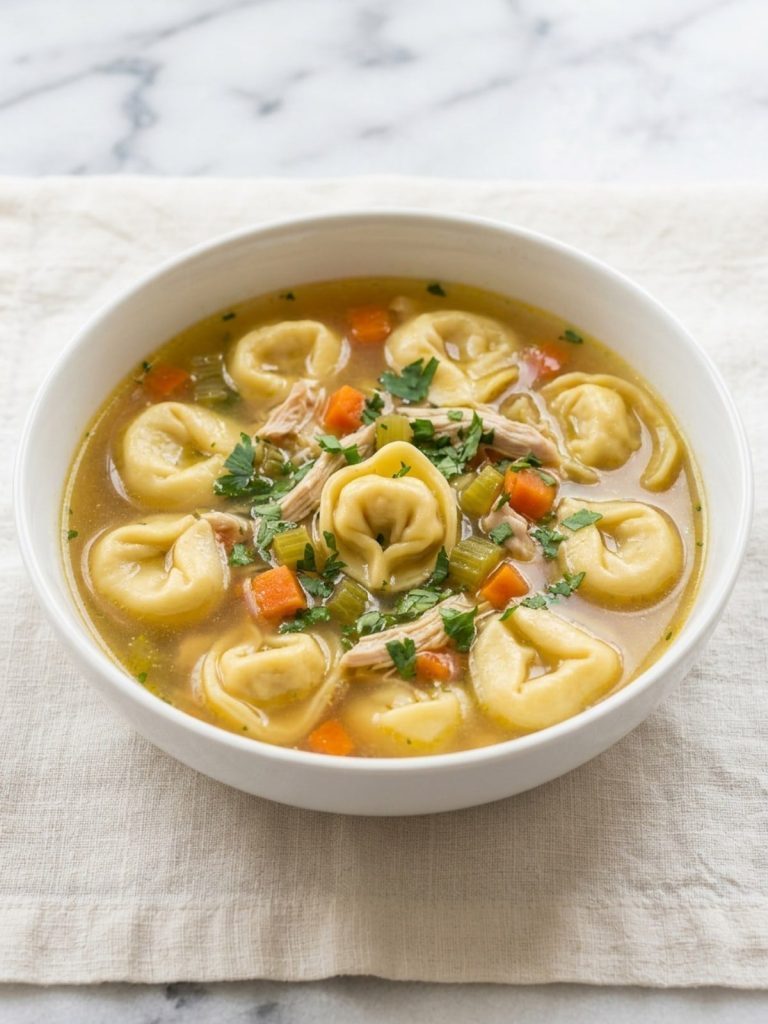 A bowl of chicken tortellini soup with carrots, celery and parsley