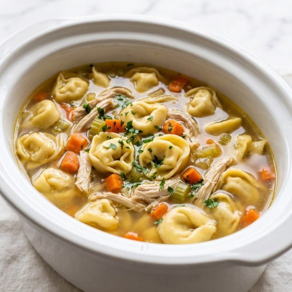 A slow cooker of clear chicken tortellini soup with cheese tortellini, shredded chicken, carrots and celery