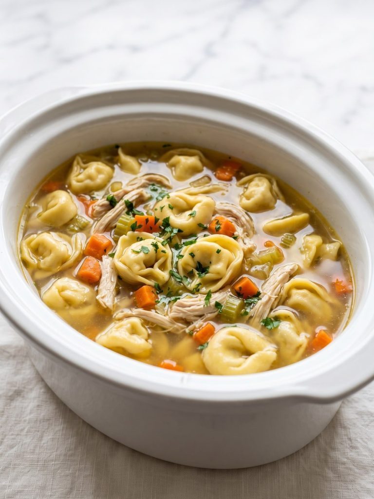 A slow cooker of clear chicken tortellini soup with cheese tortellini, shredded chicken, carrots and celery