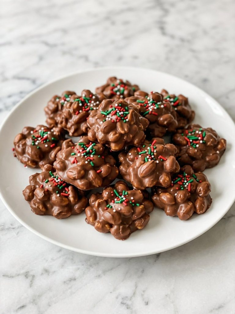 A white plate filled with chocolate peanut clusters with a smooth glossy coating and red and green sprinkles