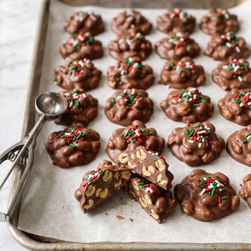 Rows of chocolate peanut clusters topped with red and green sprinkles on a parchment-lined sheet pan, one broken in half to show the peanuts inside